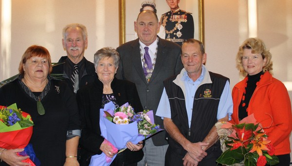 Award winners Robyn Barry Searle and Betty Hawkes, with Mayor Neil Tiller, Neil Clements and his wife Lynley.